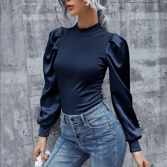 Boho black ribbed knit satin puff sleeve blouse - Picture 6 of 15